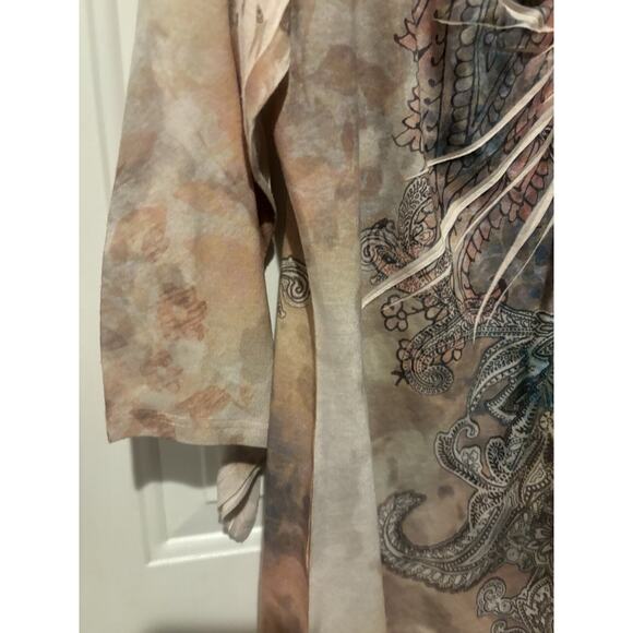 Chico’s Blouse Top Watercolor Size 2 Large Blue Pink Faux Diamond Studded 3/4 - Picture 5 of 11